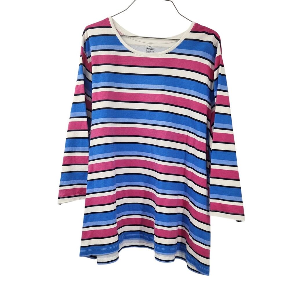 Kim Rogers Blue Pink Striped Cotton Top Womens Plus Size 3X